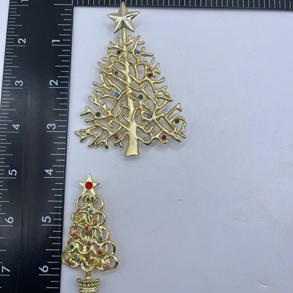 Lot of two Christmas Trees, gold tone with multi color stones - Picture 7 of 8